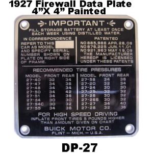 1927 Buick All Firewall Data Plate. DP-27